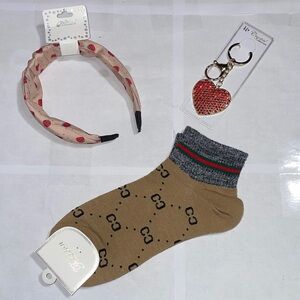Accessory Bundle includes Strawberry Headband, Heart Bag Cham and Socks New